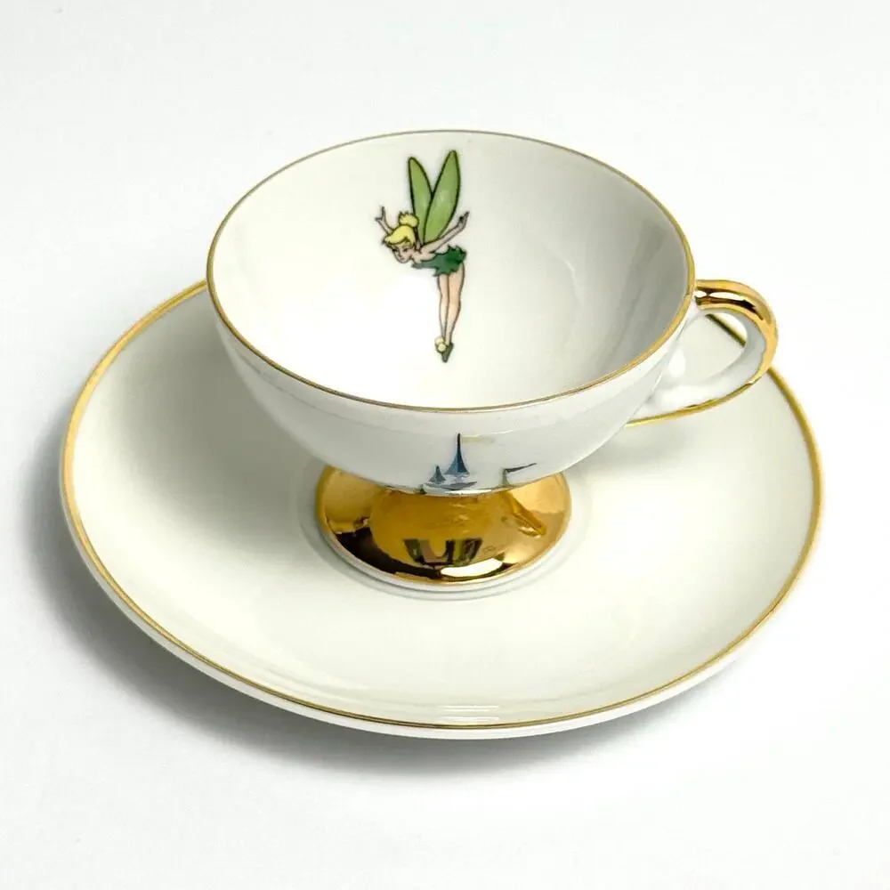 Vintage Disneyland Tinker Bell Teacup Saucer Gold Trim Footed Cup Disneyana Rare